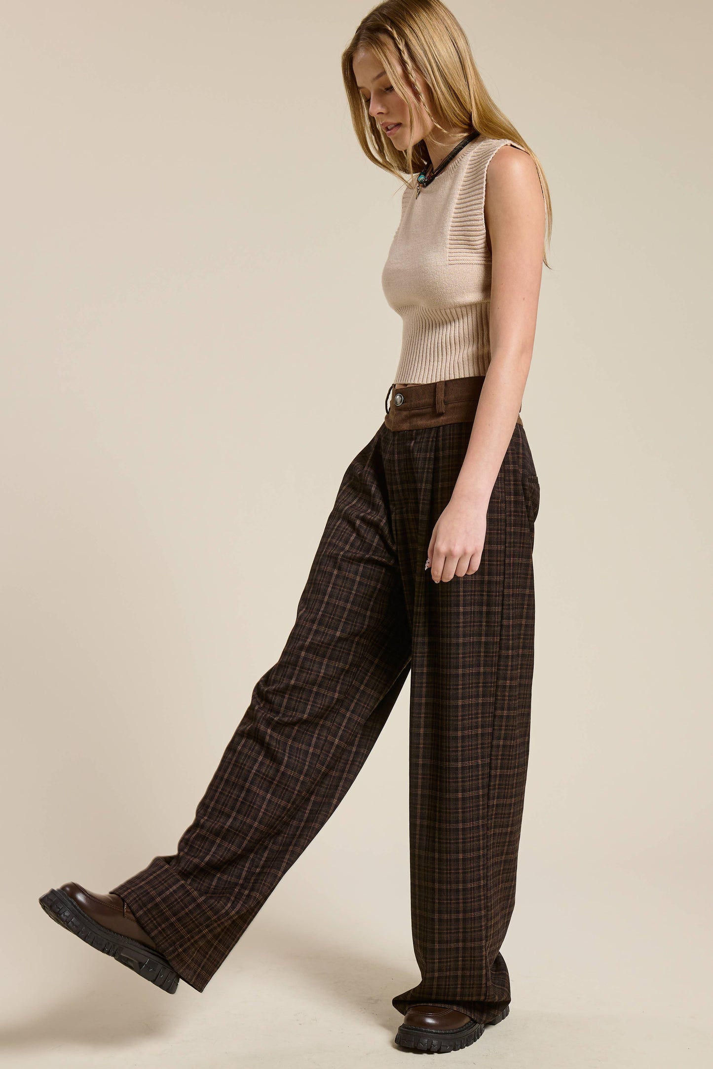 Plaid Pleated Trousers with Corduroy Waistband