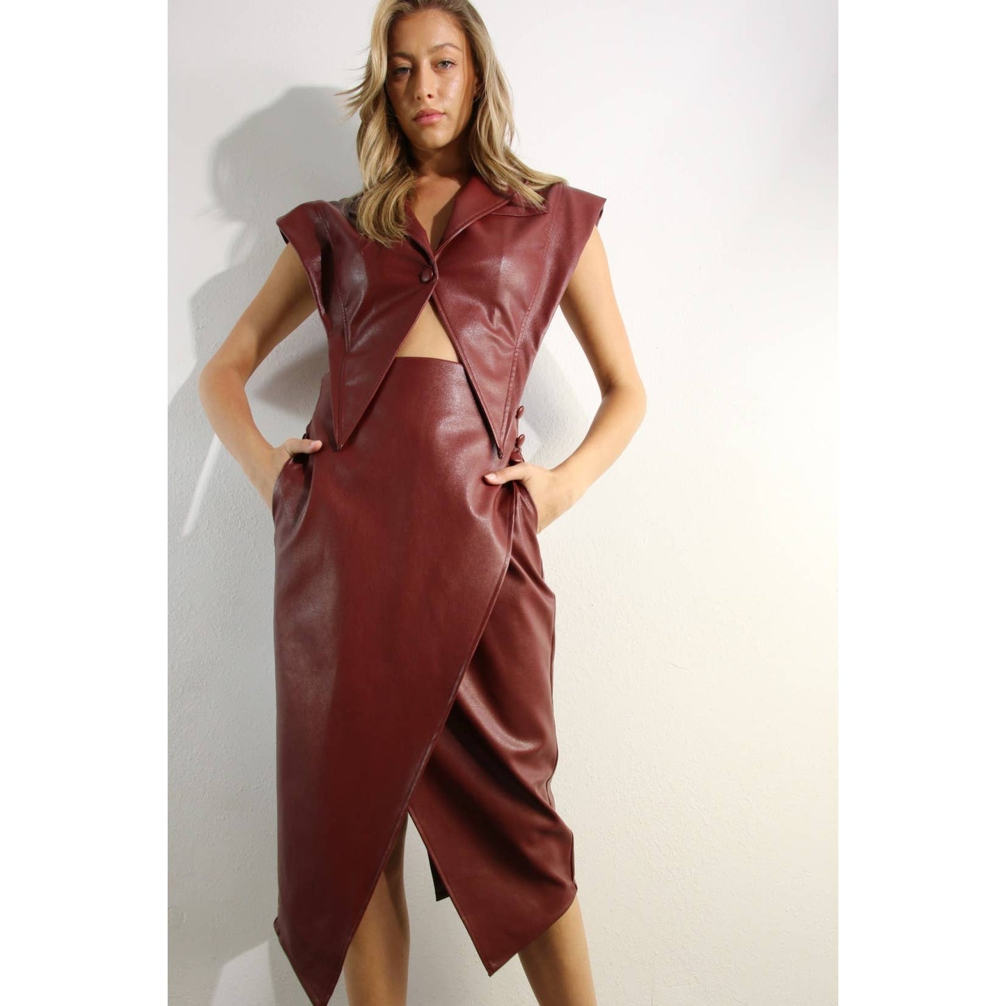 FAUX LEATHER VEST JACKET AND SKIRT SET