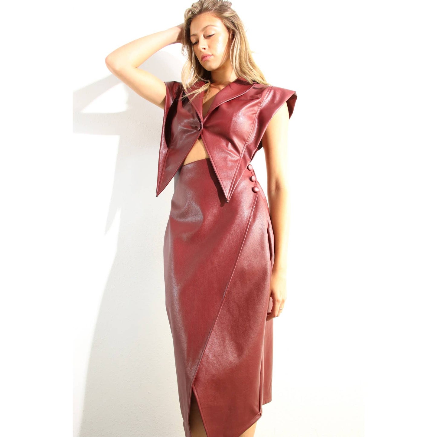 FAUX LEATHER VEST JACKET AND SKIRT SET