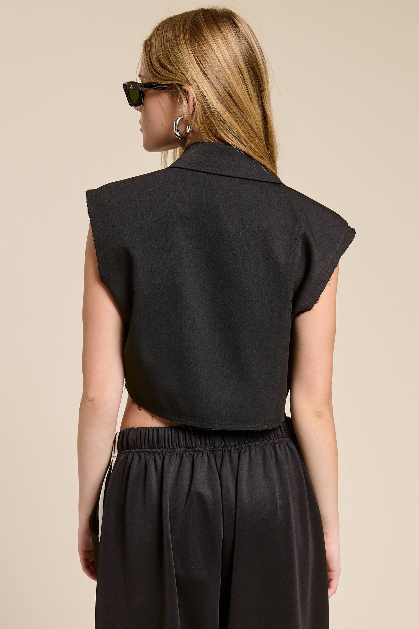 Cropped Collared Vest with Raw Hem
