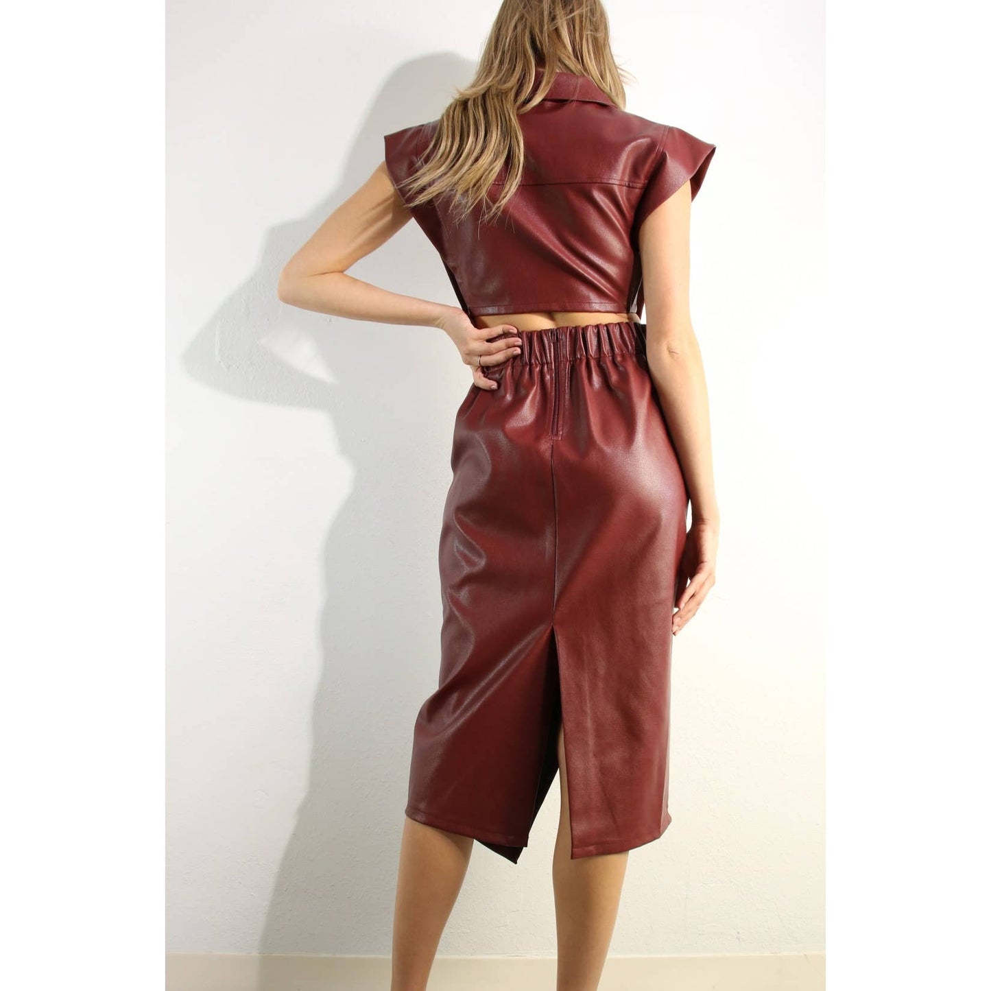 FAUX LEATHER VEST JACKET AND SKIRT SET