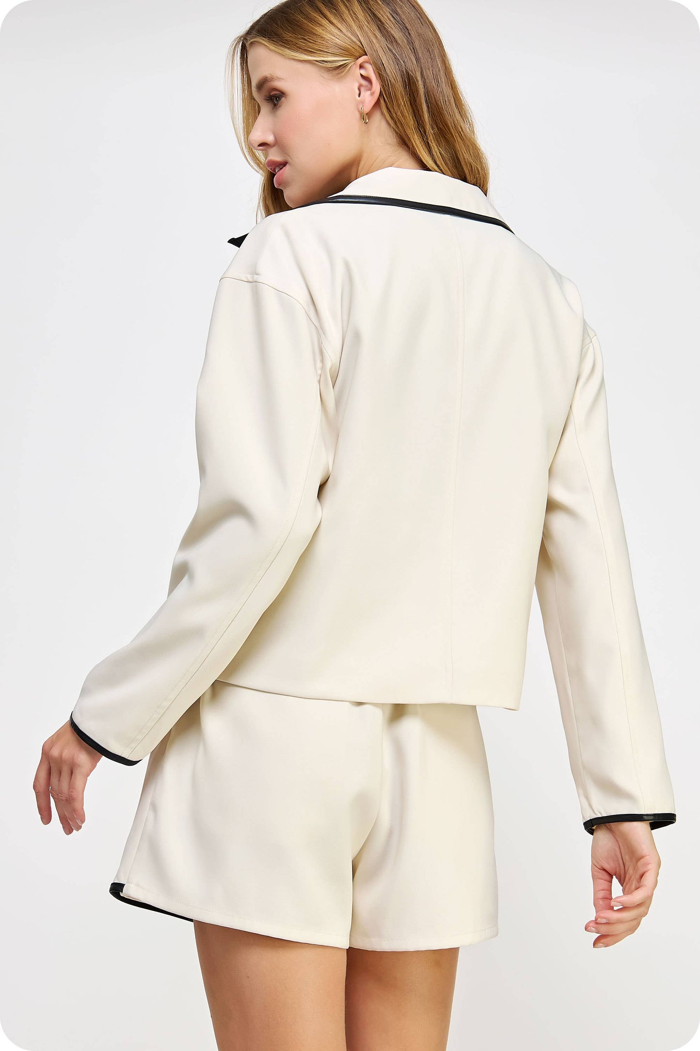 Faux Leather Piping Detail Zip-Up Jacket