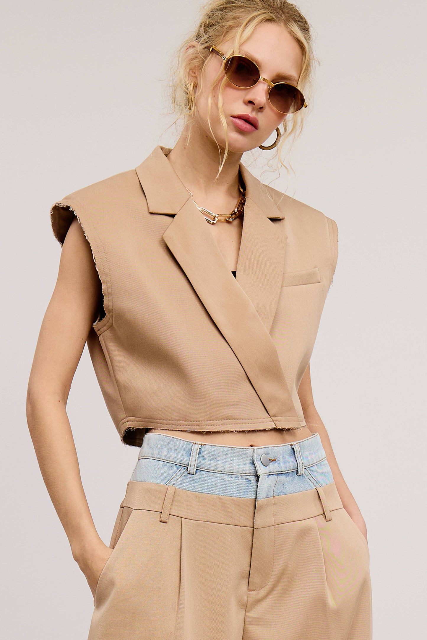 Cropped Collared Vest with Raw Hem