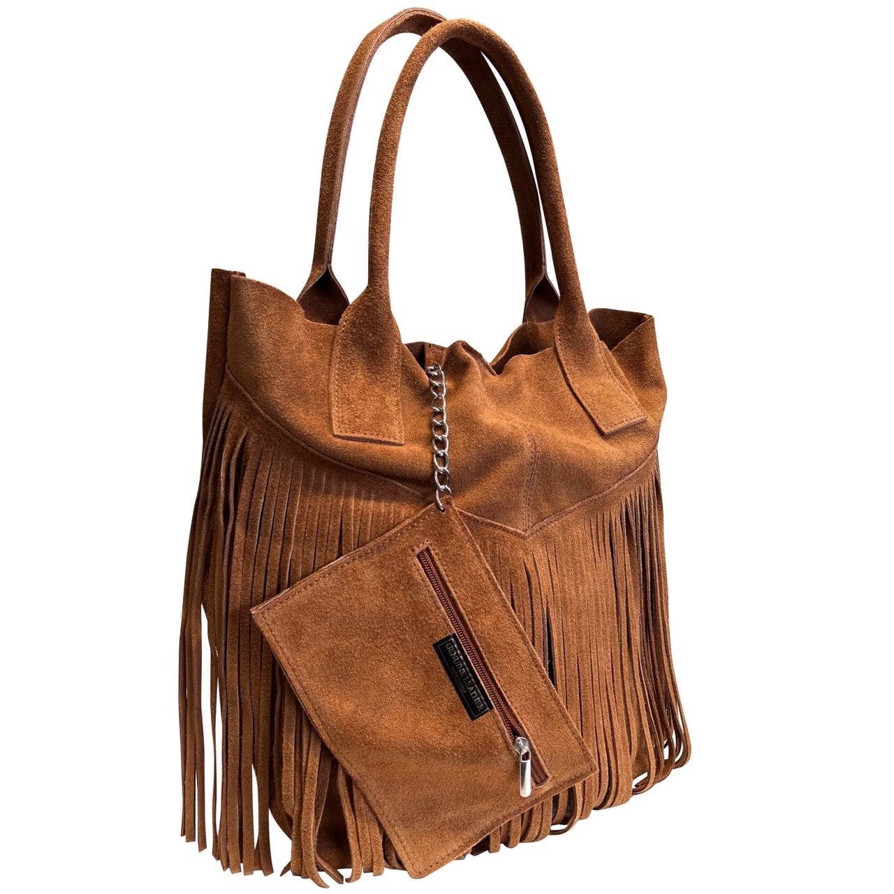 Suede Shopper Handbag in genuine suede with fringe