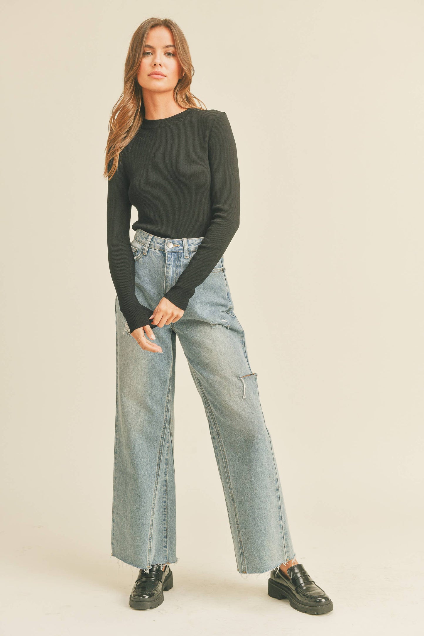 RIBBED LONG SLEEVE BASIC TOP
