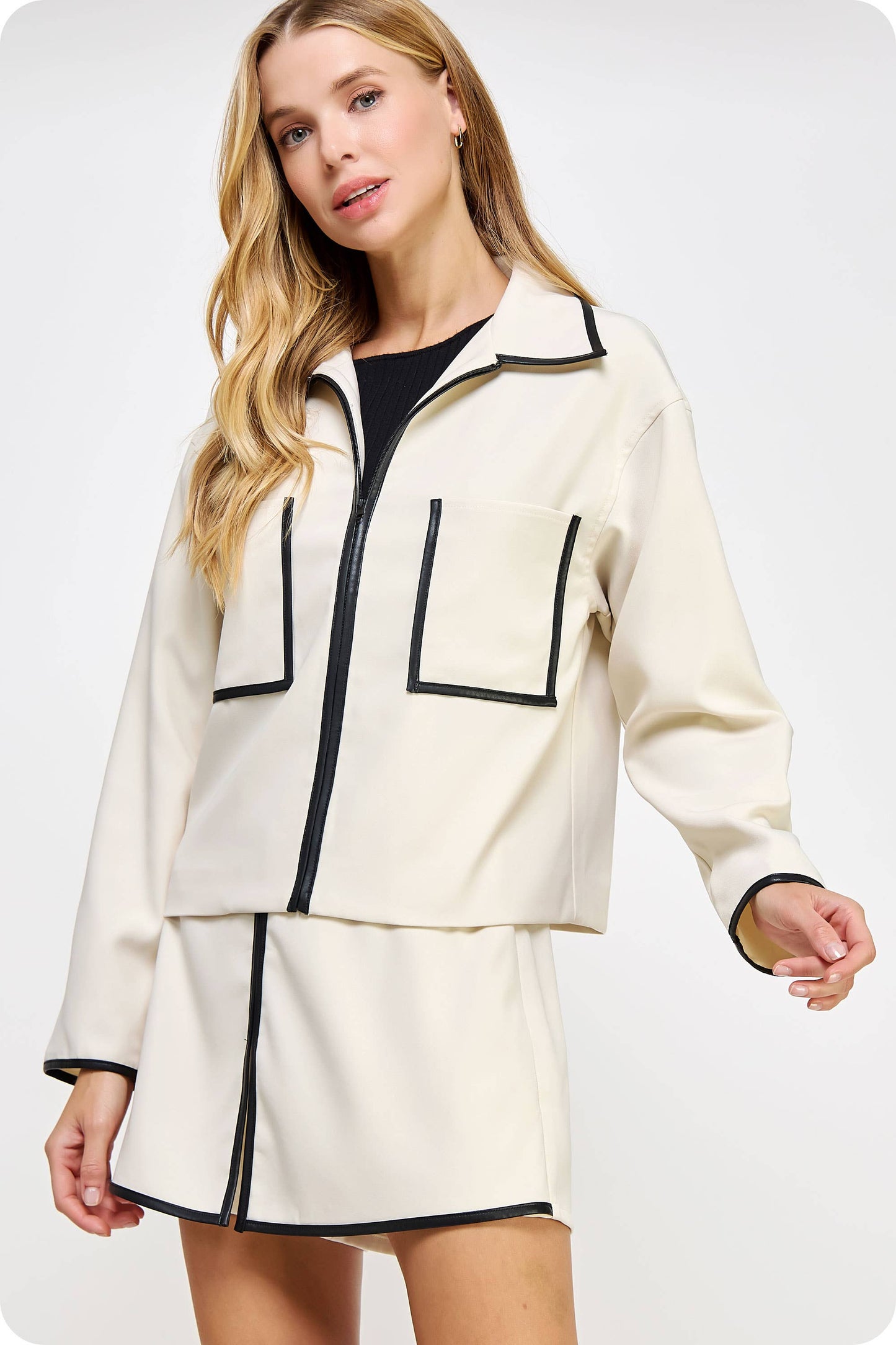 Faux Leather Piping Detail Zip-Up Jacket
