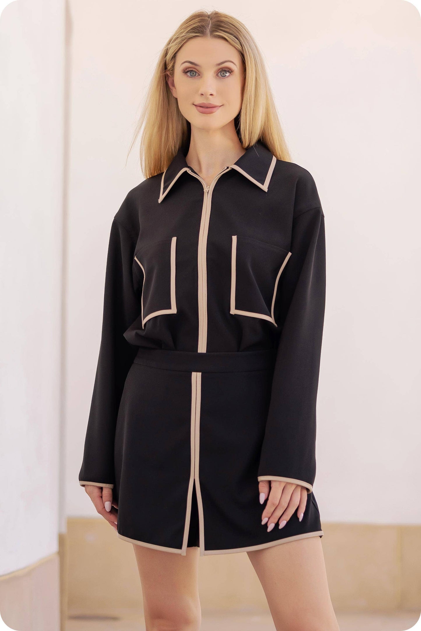 Faux Leather Piping Detail Zip-Up Jacket