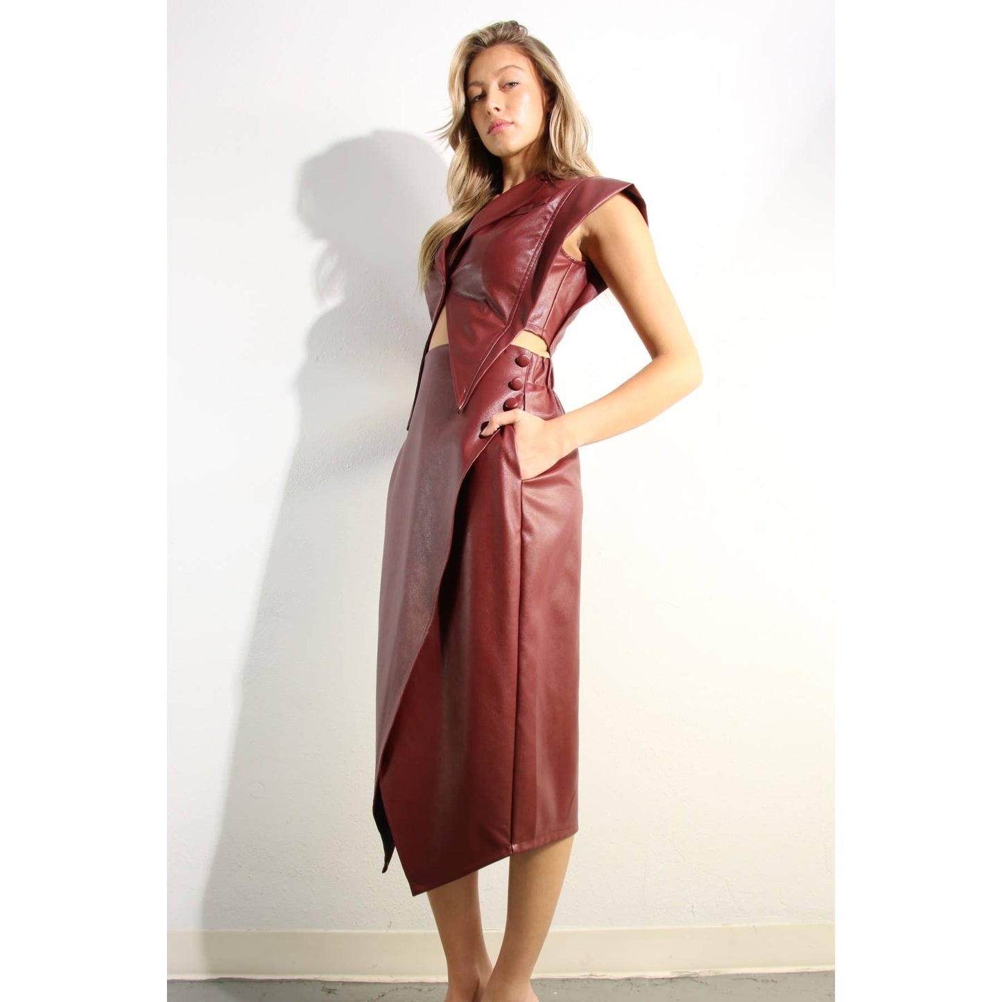 FAUX LEATHER VEST JACKET AND SKIRT SET