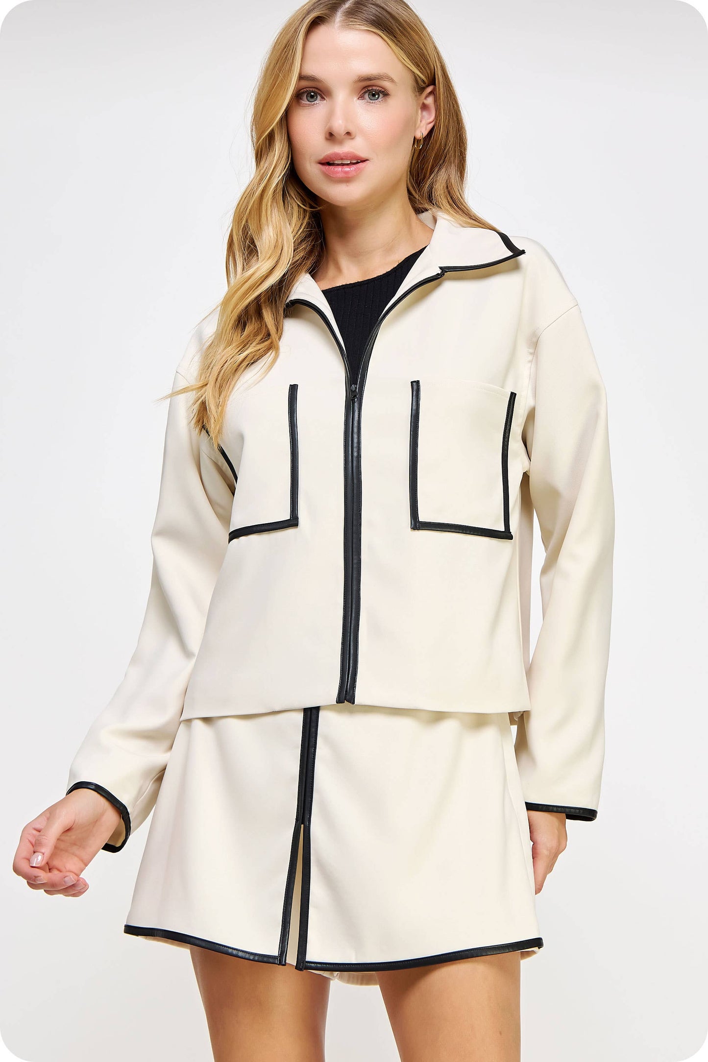 Faux Leather Piping Detail Zip-Up Jacket