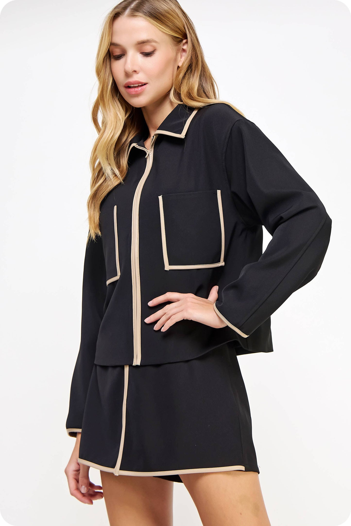 Faux Leather Piping Detail Zip-Up Jacket
