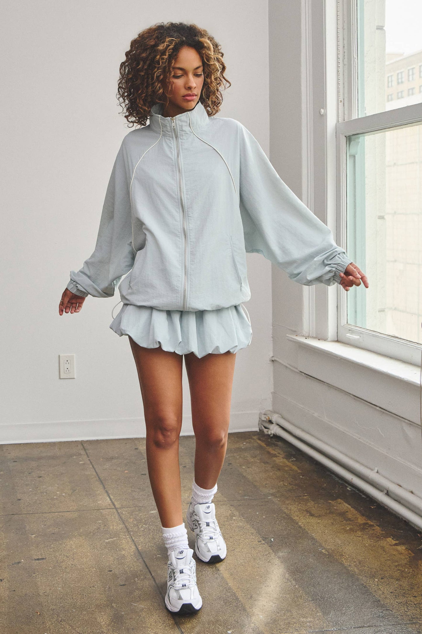 Oversize tracksuit jacket w/ bubble mini skort set
