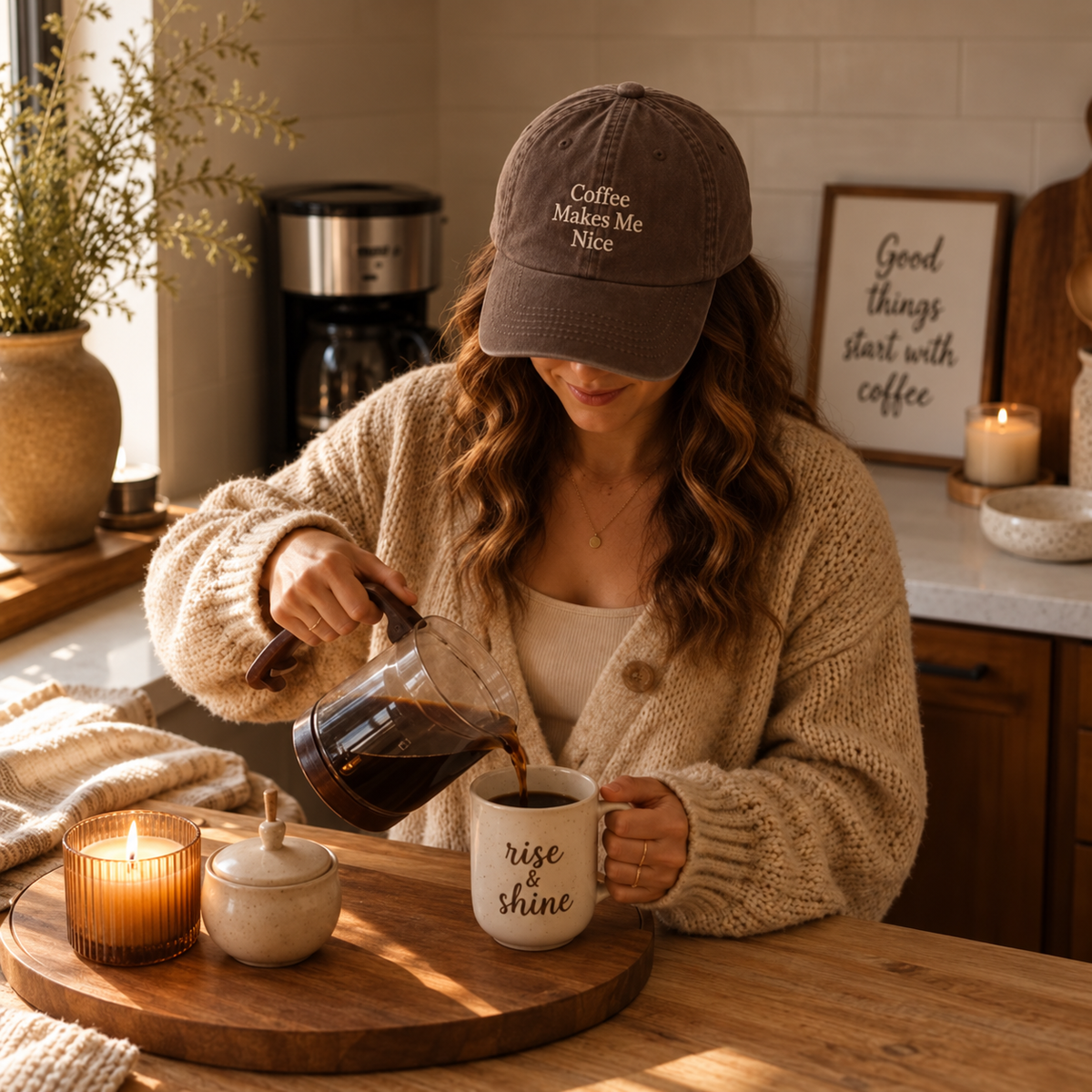 Coffee Makes Me Nice Embroidered Espresso Color Dad Hat
