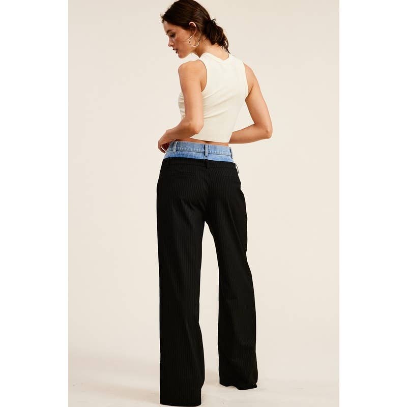 Denim Waistband Contrast Pinstripe Wide Leg