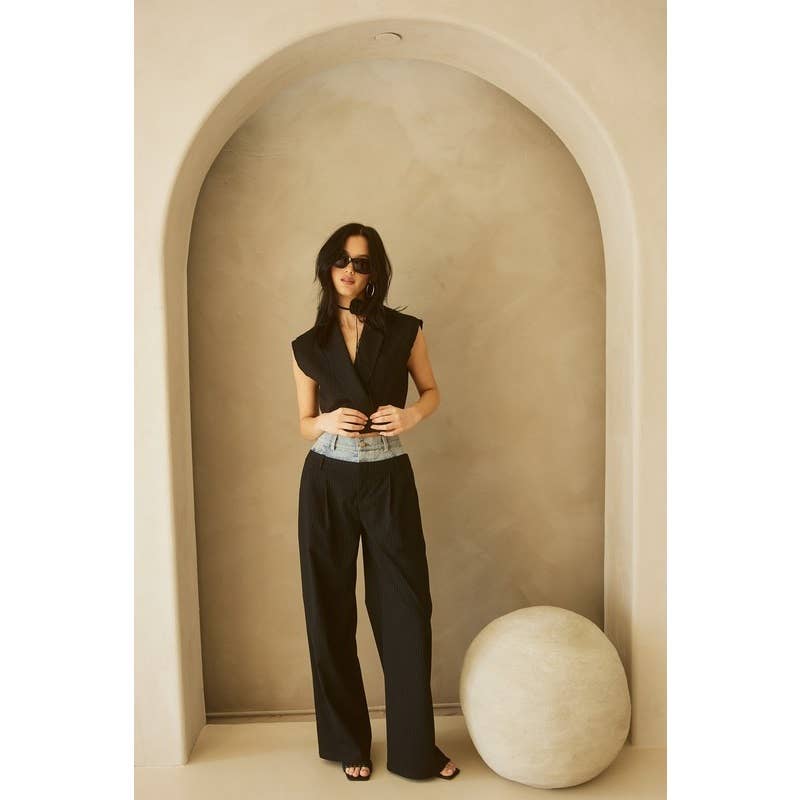 Denim Waistband Contrast Pinstripe Wide Leg