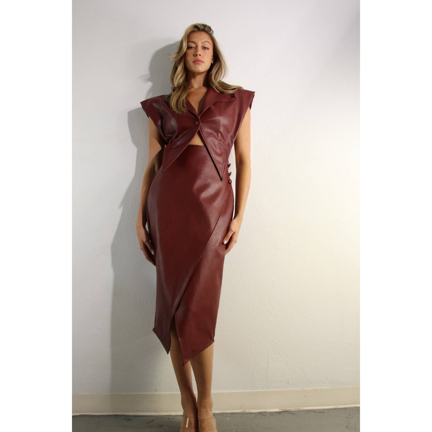 FAUX LEATHER VEST JACKET AND SKIRT SET