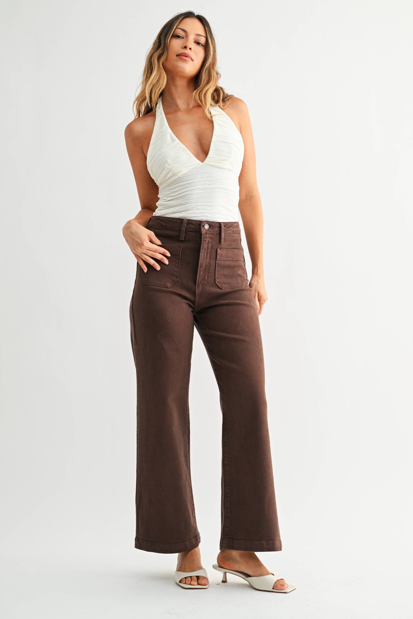 Patch Pocket Wide Leg Dark Brown Jean