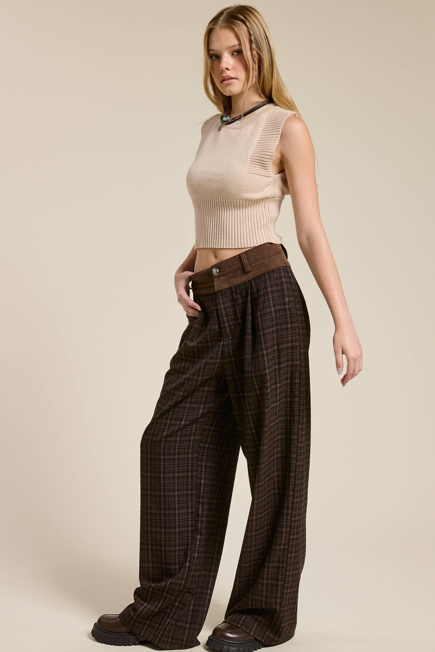 Plaid Pleated Trousers with Corduroy Waistband