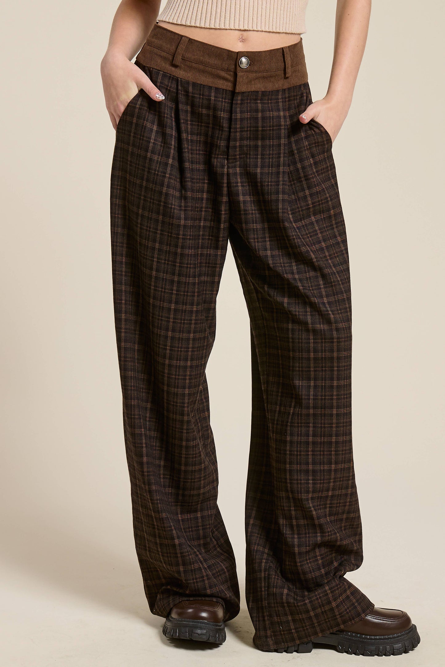 Plaid Pleated Trousers with Corduroy Waistband