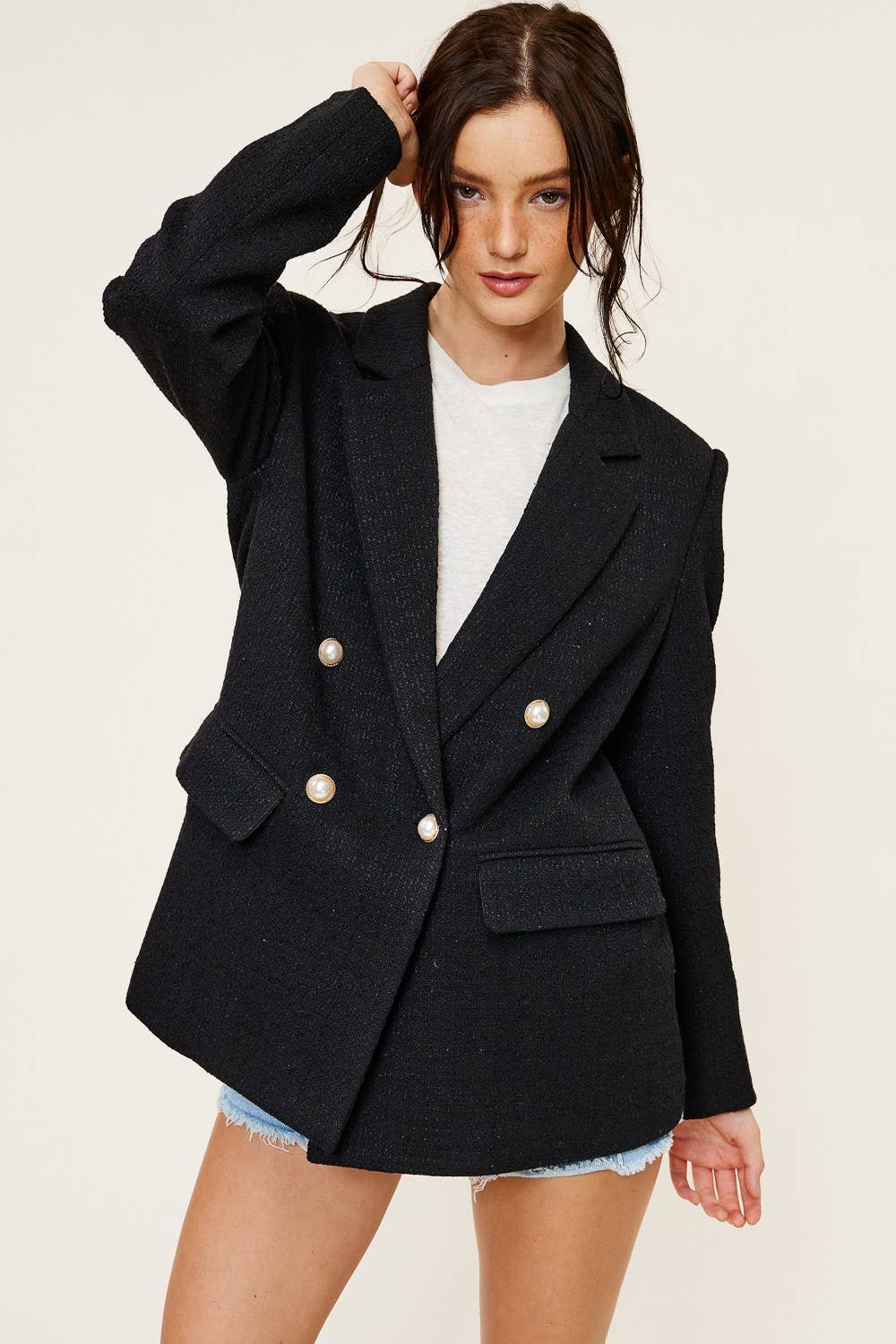 Tweed Blazer Jacket with Faux Pearl Button