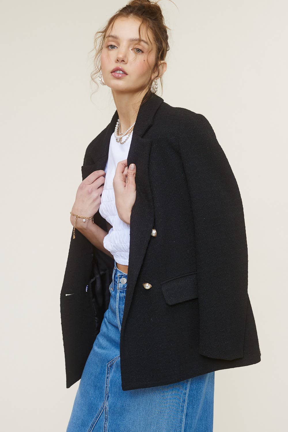 Tweed Blazer Jacket with Faux Pearl Button