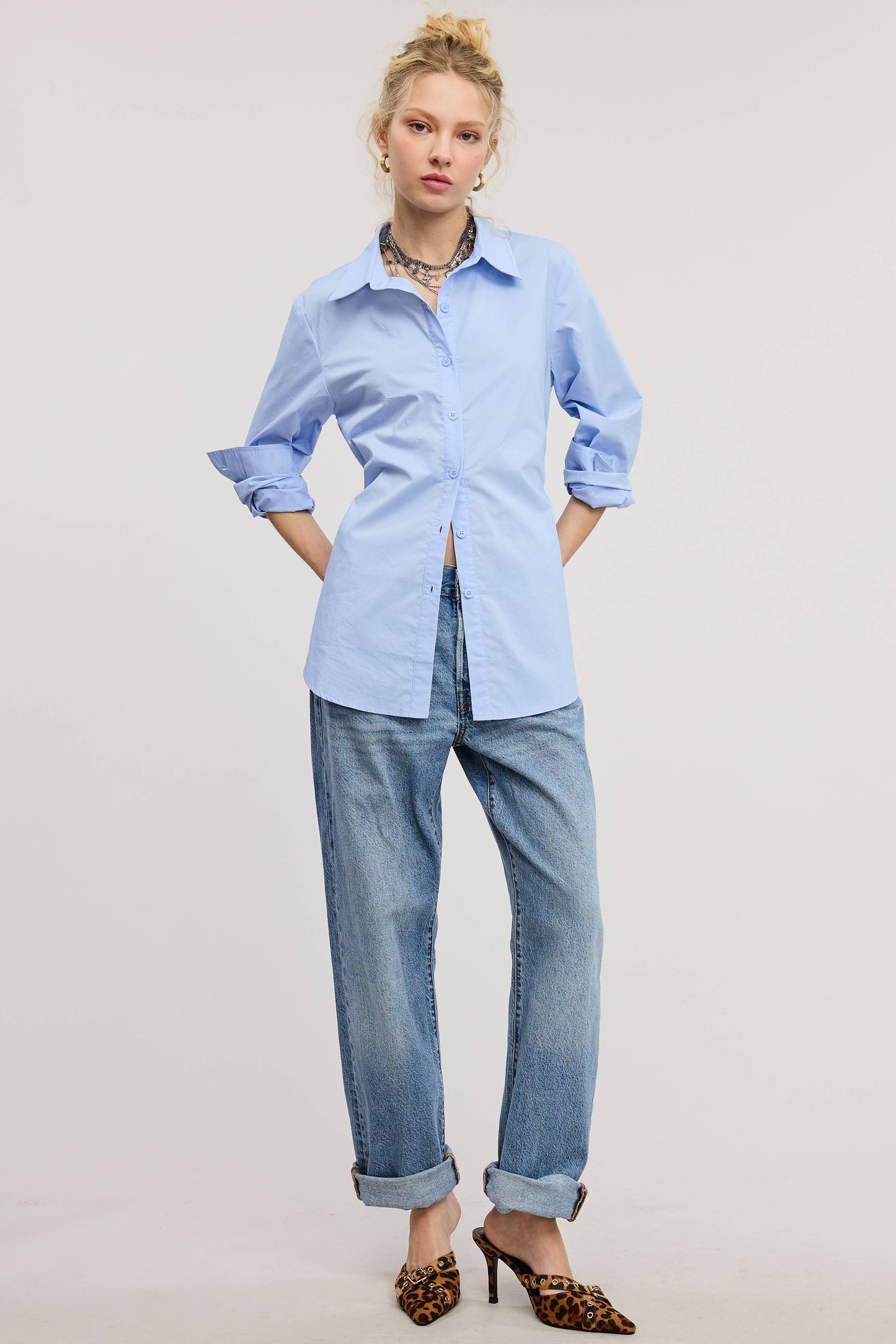 Fitted Collared Shirt Blouse with Back Self-Tie