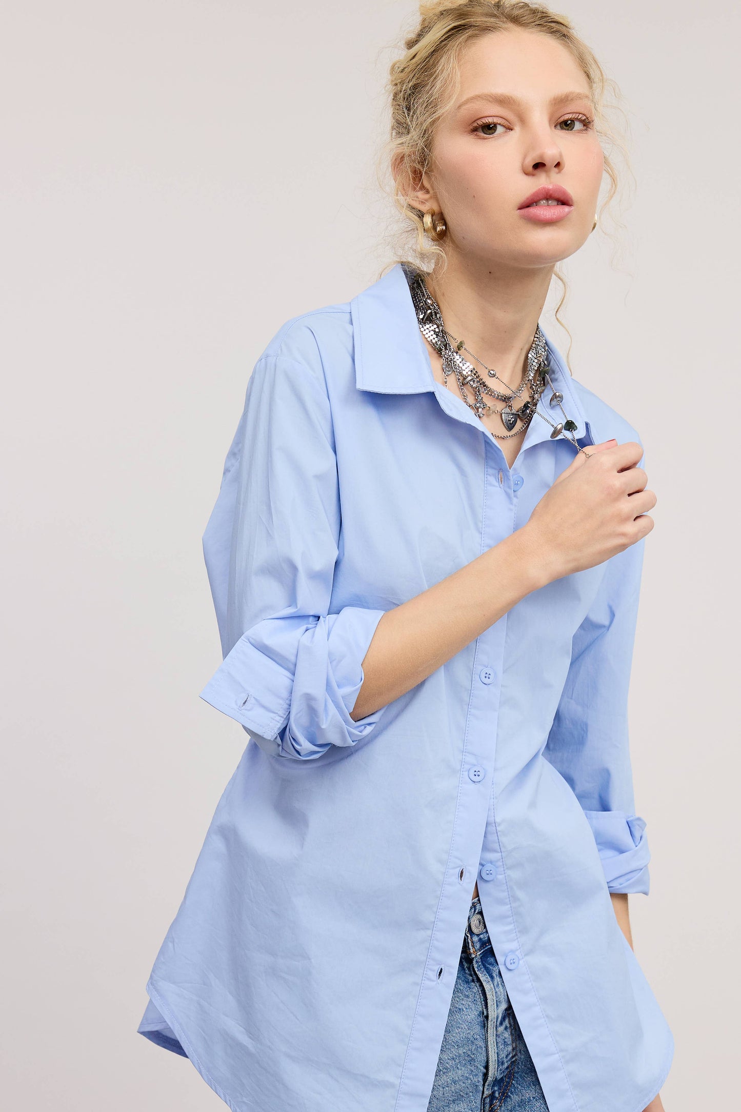 Fitted Collared Shirt Blouse with Back Self-Tie