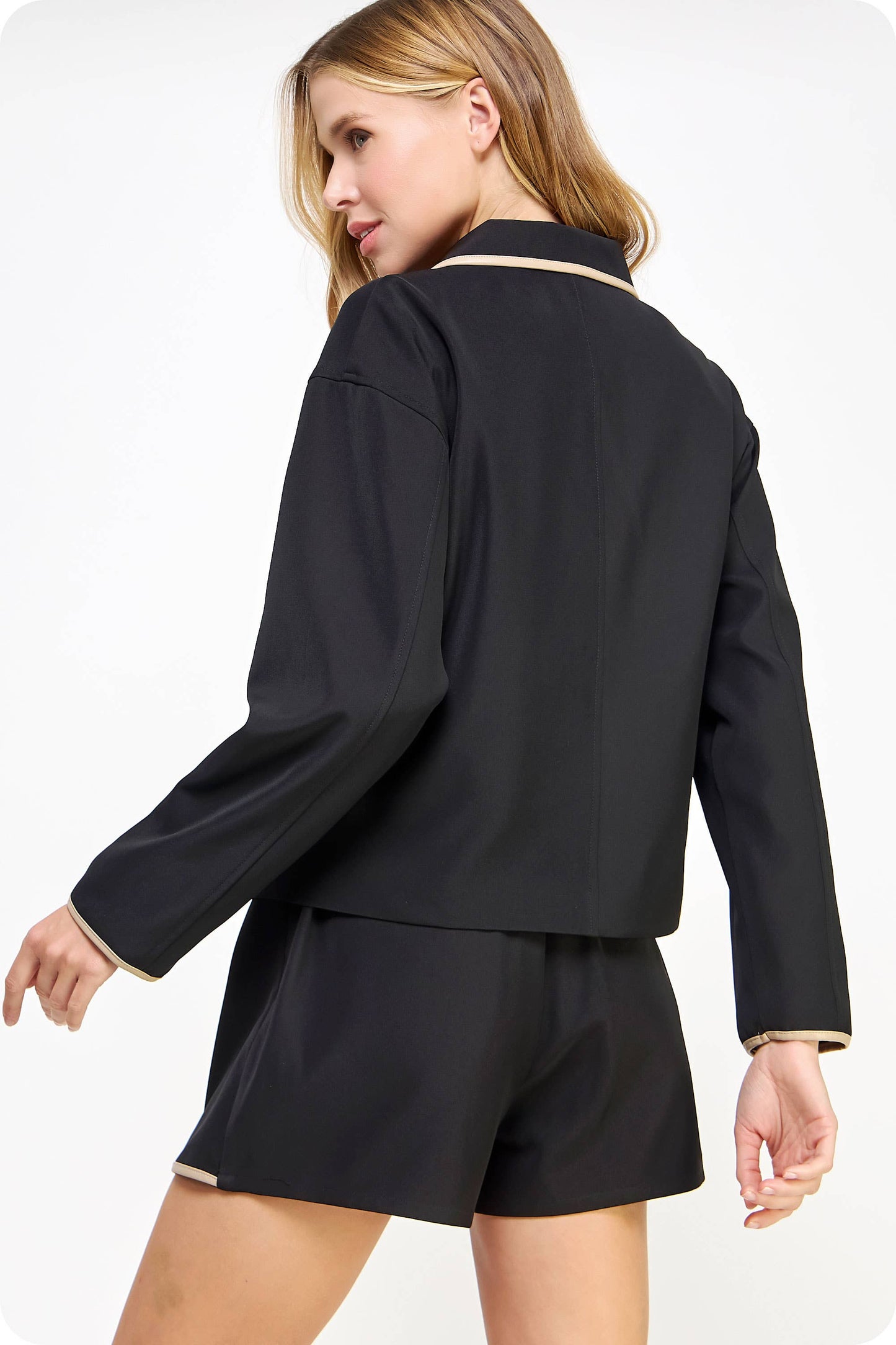 Faux Leather Piping Detail Zip-Up Jacket