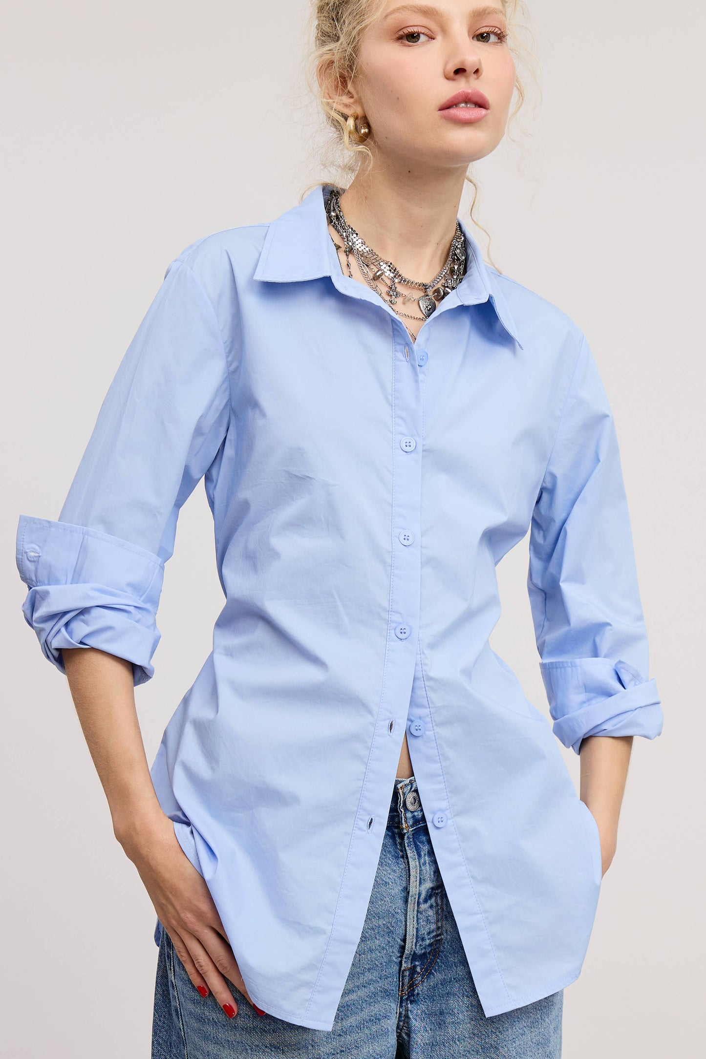 Fitted Collared Shirt Blouse with Back Self-Tie