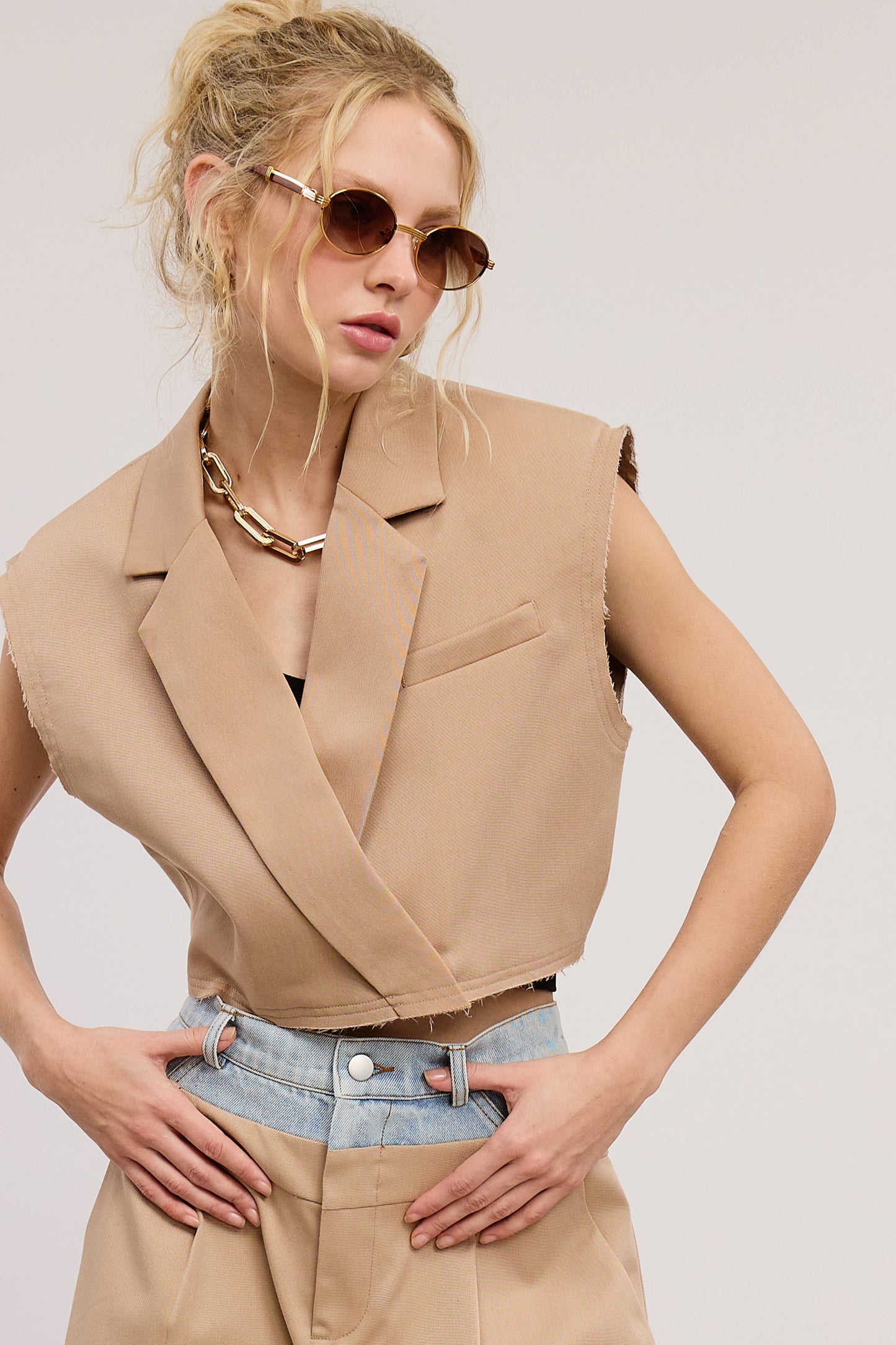 Cropped Collared Vest with Raw Hem