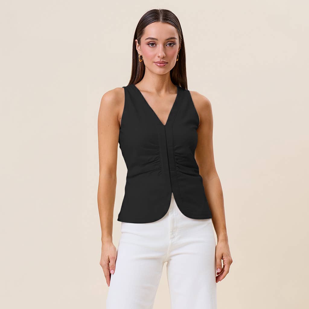 Sleeveless Shirred Top in Black