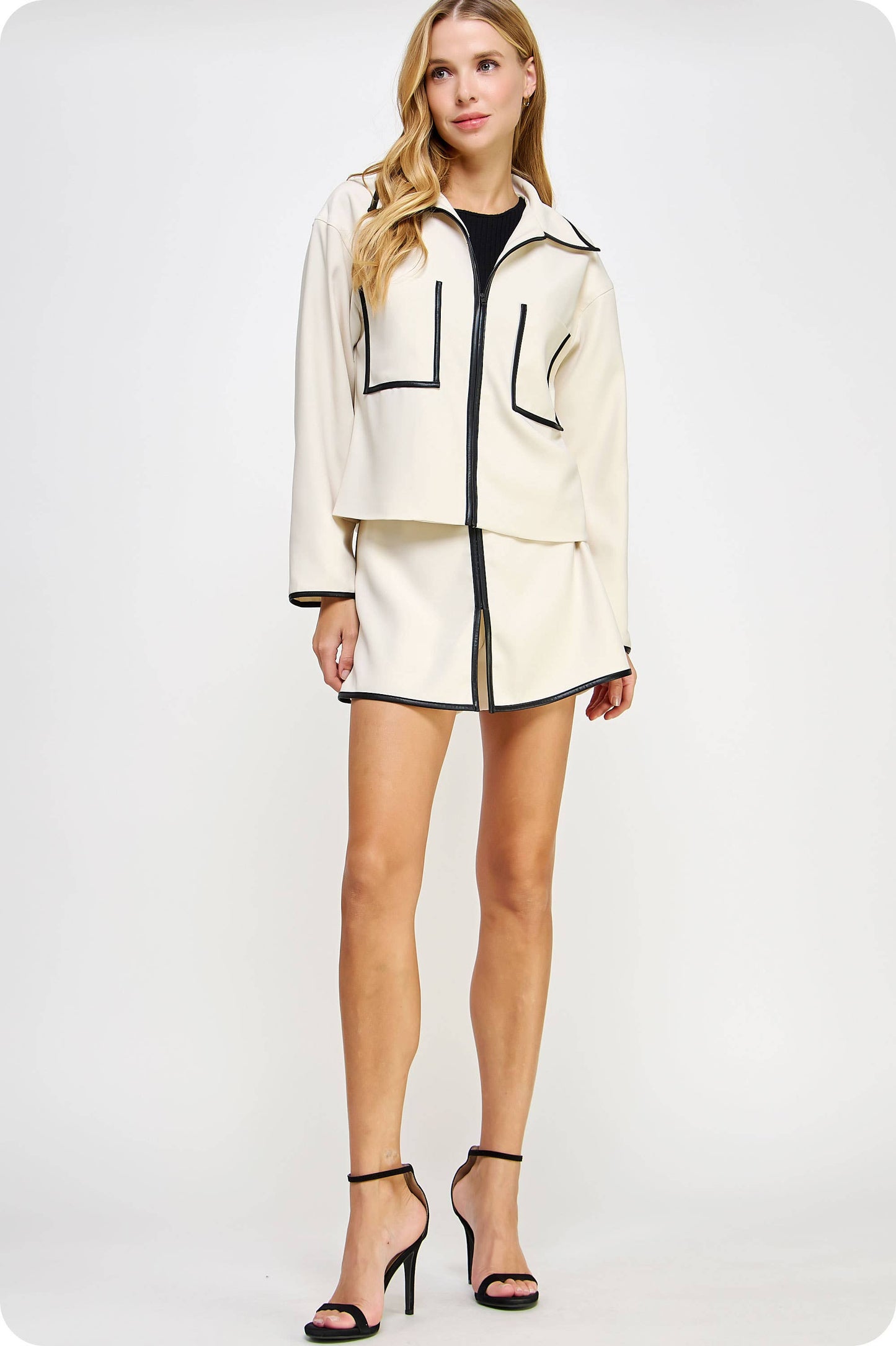Faux Leather Piping Detail Zip-Up Jacket