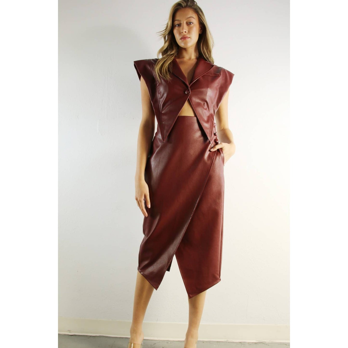 FAUX LEATHER VEST JACKET AND SKIRT SET