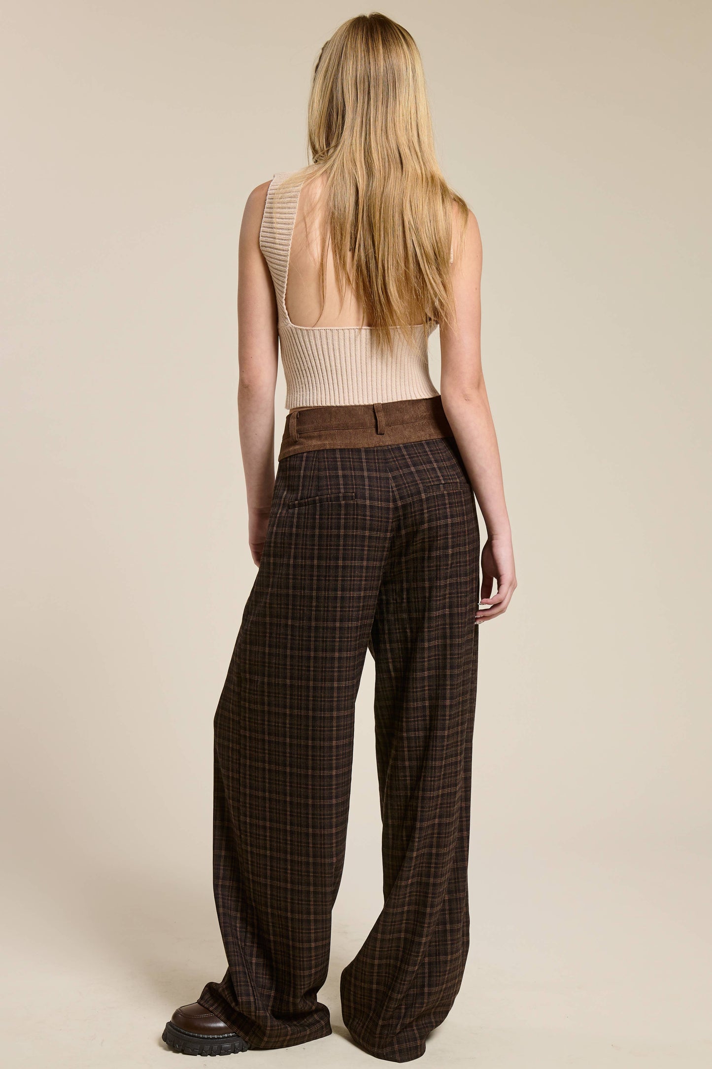 Plaid Pleated Trousers with Corduroy Waistband