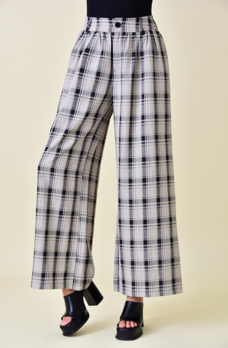 High Rise Ruched Waist Wide Leg Trouser / Black Multi Plaid