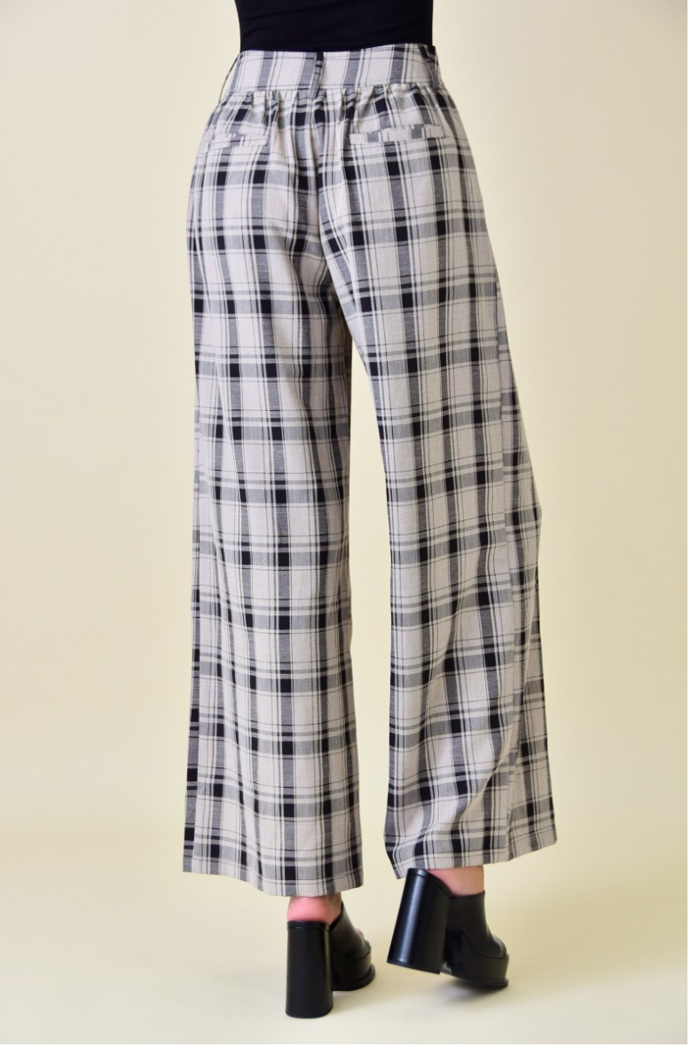 High Rise Ruched Waist Wide Leg Trouser / Black Multi Plaid