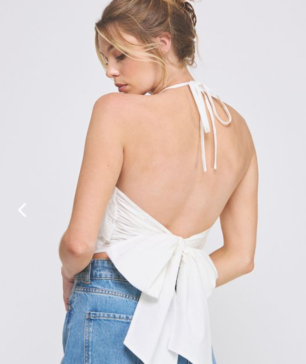 White Eyelet Ruffle Backless Top