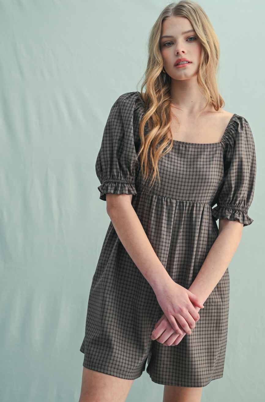 Plaid Square Neck Romper