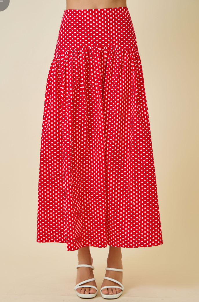 Polka Dot Curved Yoke Maxi Skirt