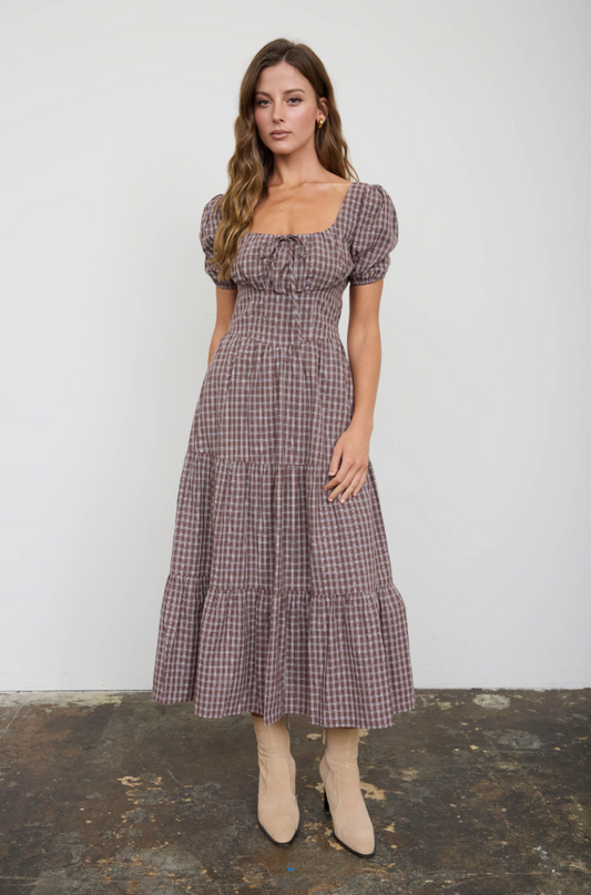 Plaid Corset Tiered Midi Dress