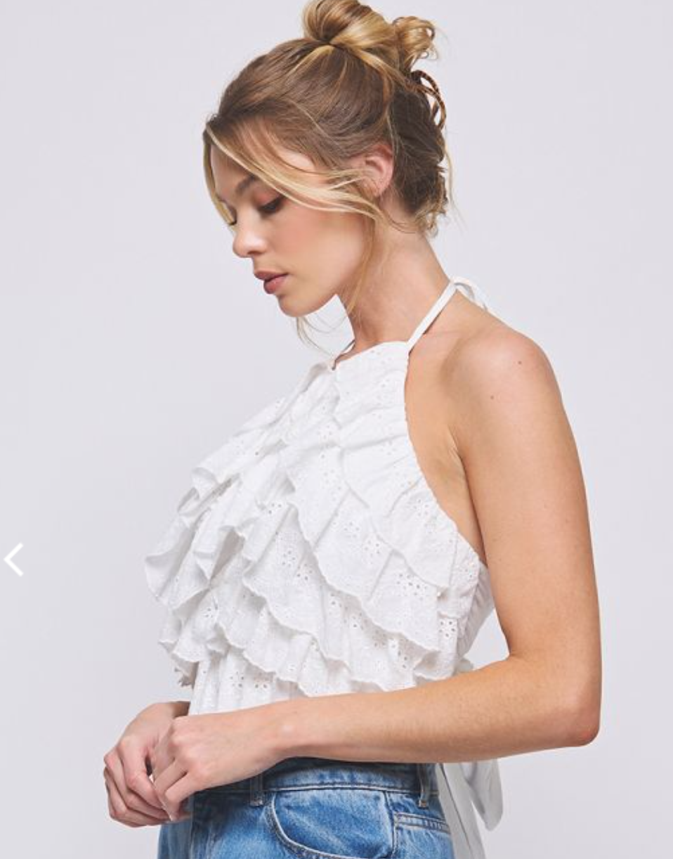 White Eyelet Ruffle Backless Top