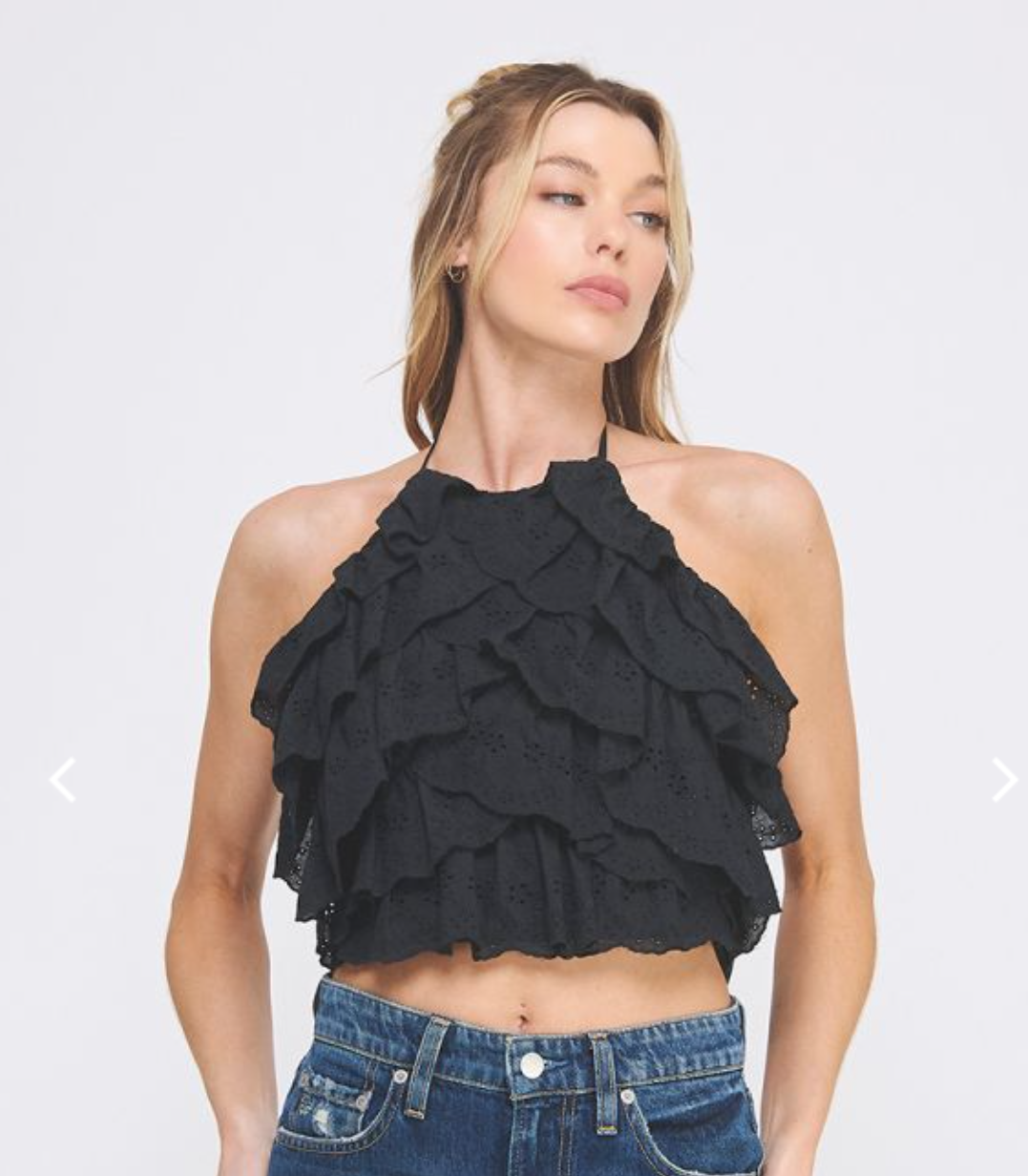 White Eyelet Ruffle Backless Top
