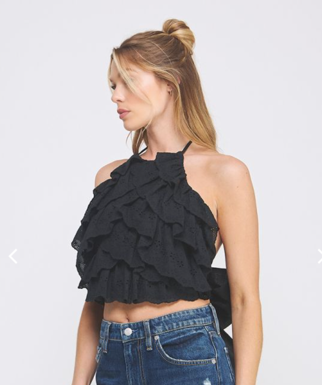 White Eyelet Ruffle Backless Top