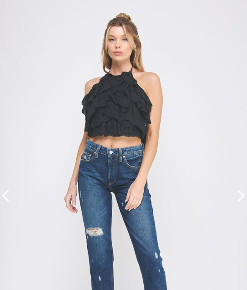 White Eyelet Ruffle Backless Top