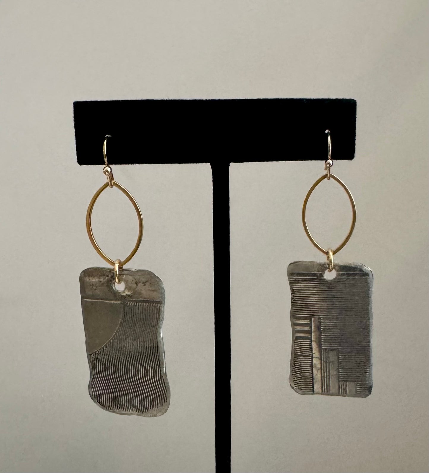 Textured Pewter Rectangle & Brass Hoop Earrings