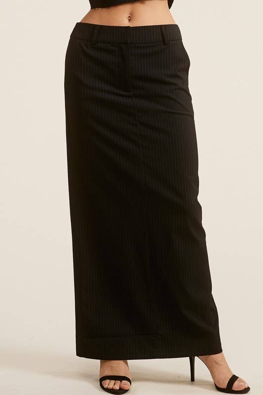 Classic Pinstriped Slim-Fit Maxi Skirt with Back Slit
