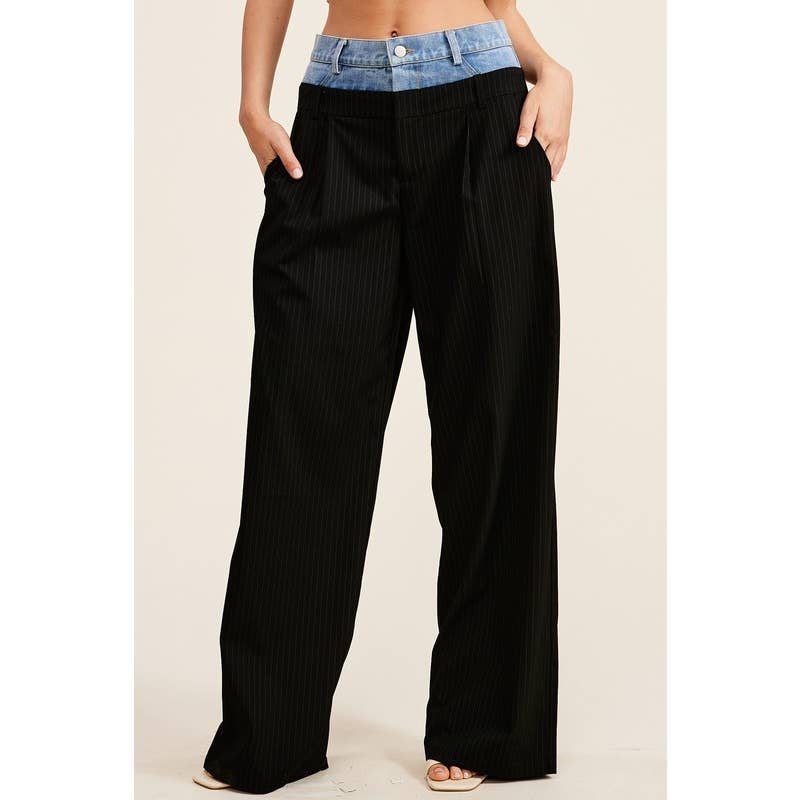 Denim Waistband Contrast Pinstripe Wide Leg