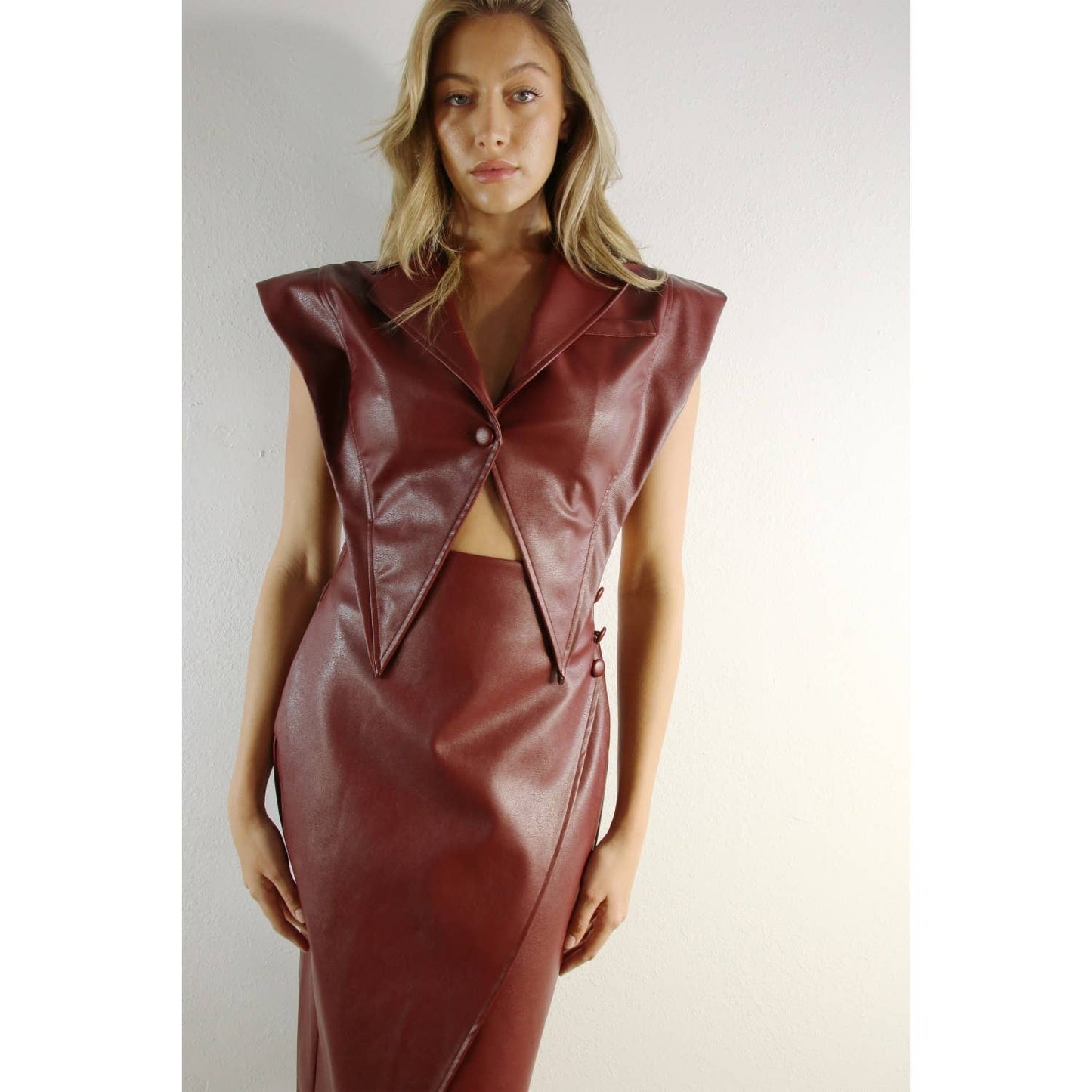 FAUX LEATHER VEST JACKET AND SKIRT SET