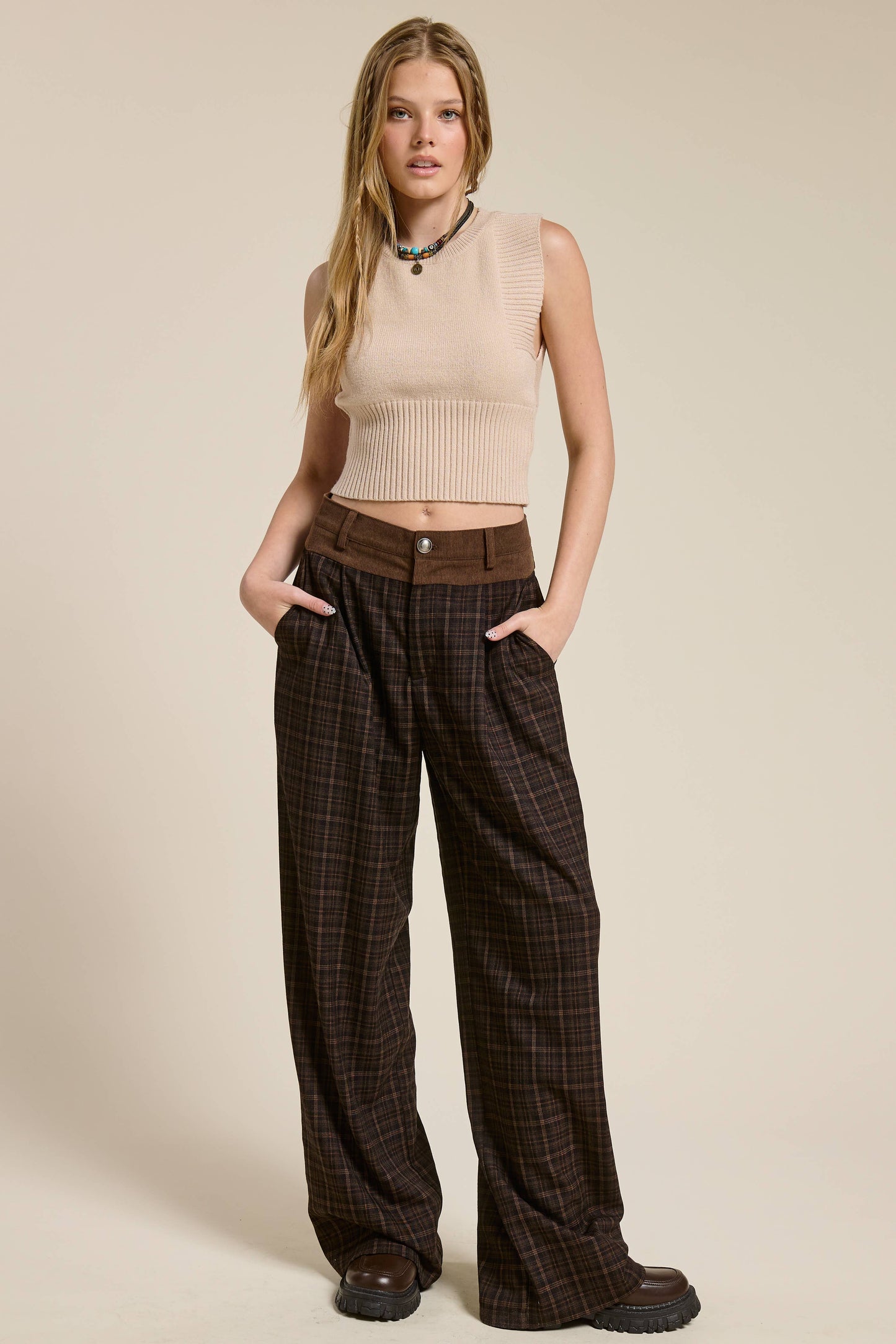Plaid Pleated Trousers with Corduroy Waistband
