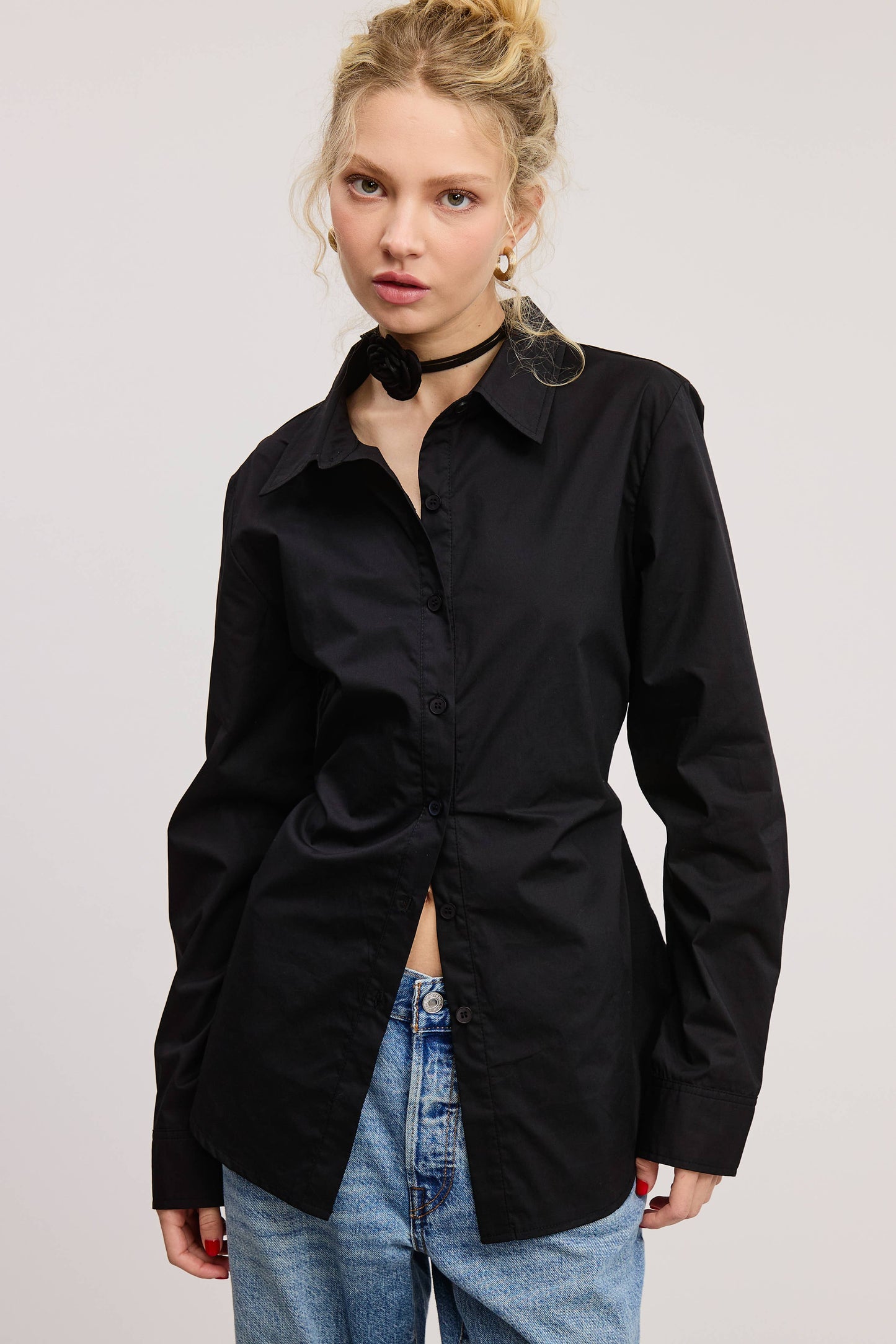 Fitted Collared Shirt Blouse with Back Self-Tie