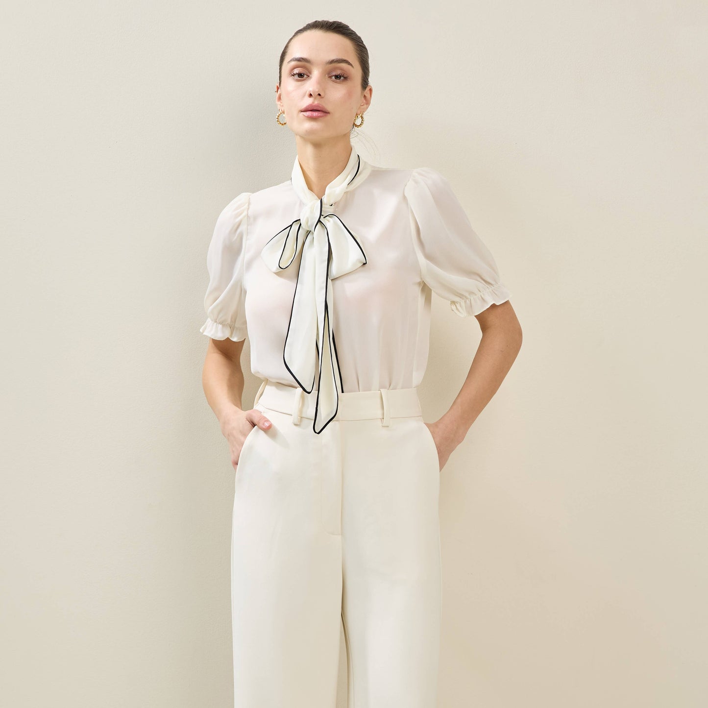 Contrast Trim Bow Tie Blouse